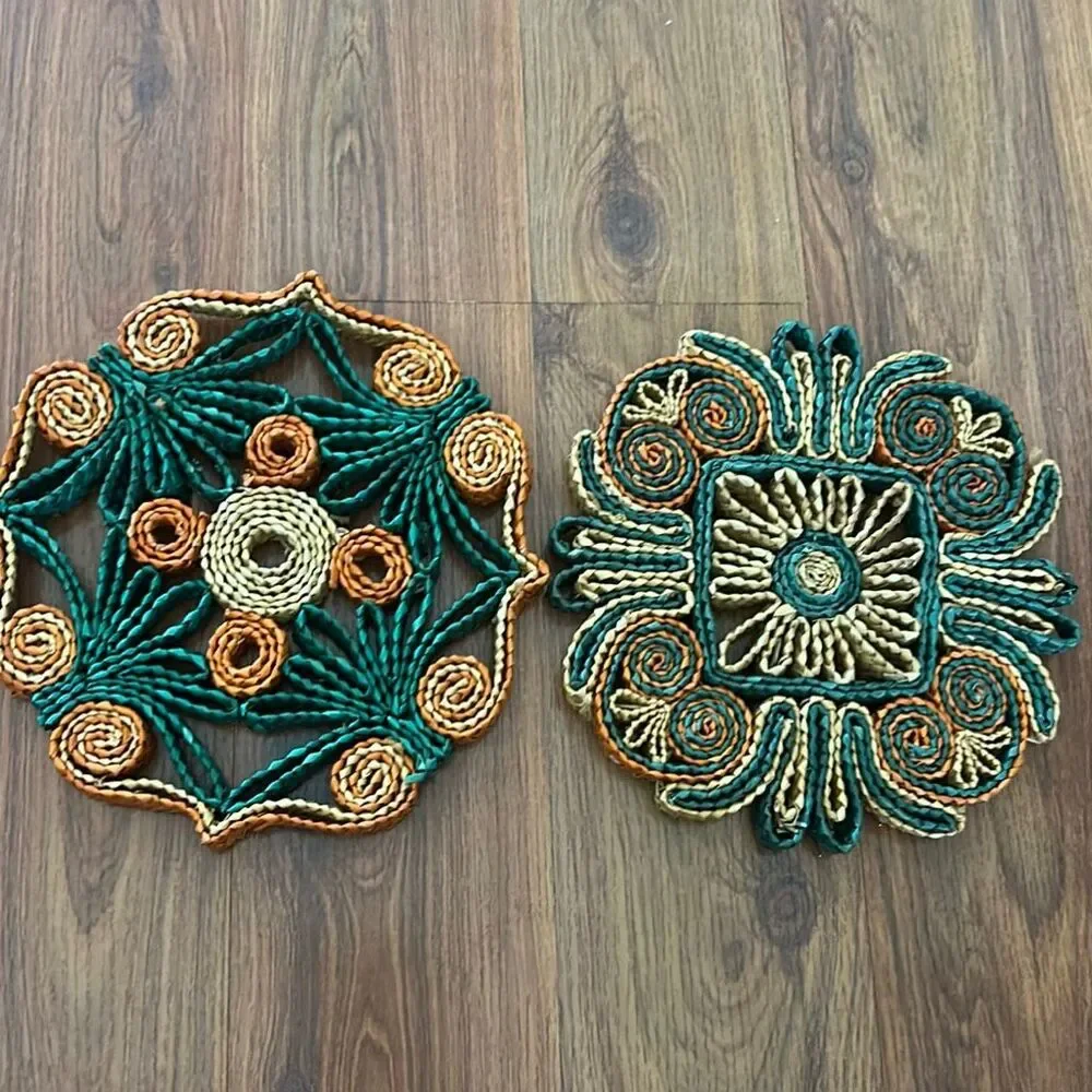 Vintage made in the People's Republic of China woven raffia trivets green orange